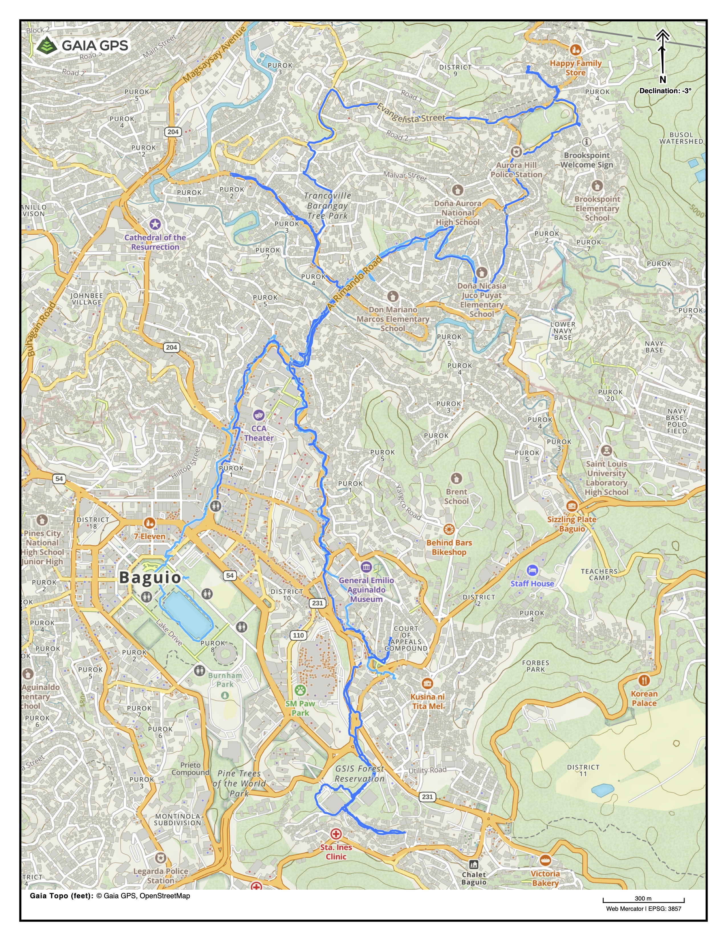 A map of three walks in Baguio