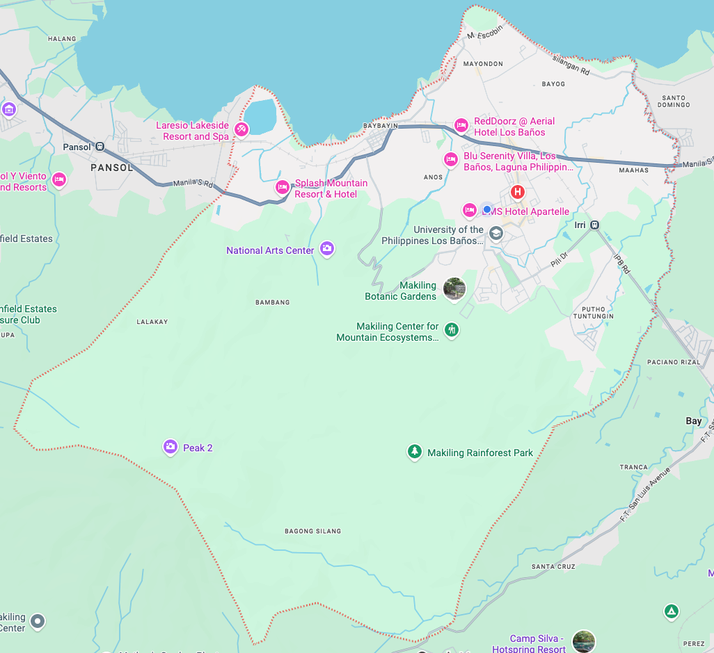 Larawan 1. Mapa ng Los Baños. Noong Mayo 2021, sinimulan ko ang mas seryosong paglalakad sa LB. Una kong dinalaw ang mga barangay malapit sa Laguna de Bay: ang Masili, Tadlac, Baybayin, Malinta, Mayondon, at Bayog.