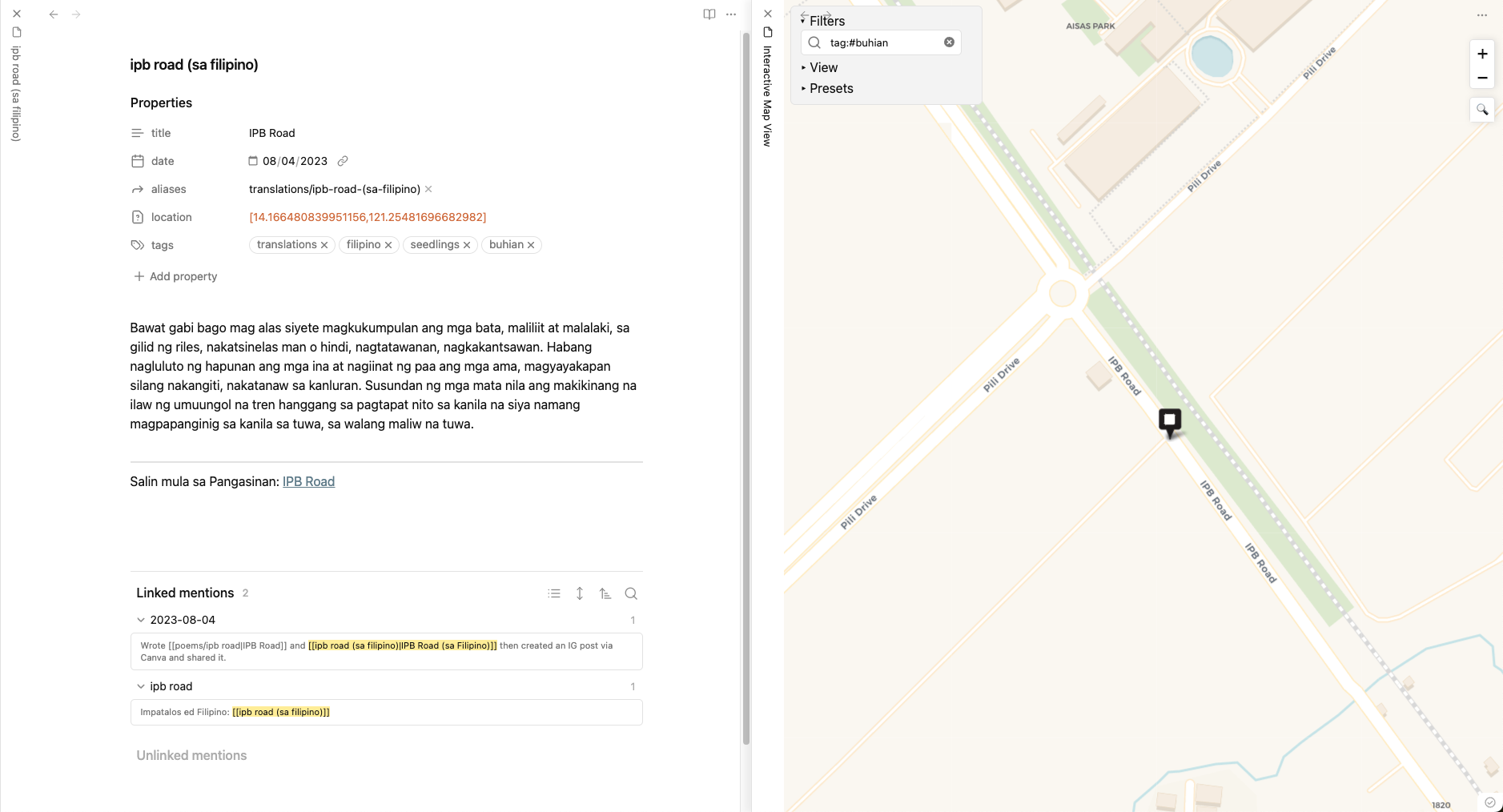 Larawan 4. Map View sa Obsidian. Gamit ang Map View plugin sa Obsidian, maaaring kong kunin ang eksaktong coordinates ng isang dako sa mapa at ilagay ito sa metadata ng isang tala (location). Kapag pinindot ang parisukat sa mapa sa kanan, lalabas ang tala sa kaliwa.