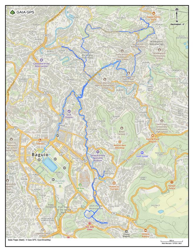 A map of three walks in Baguio